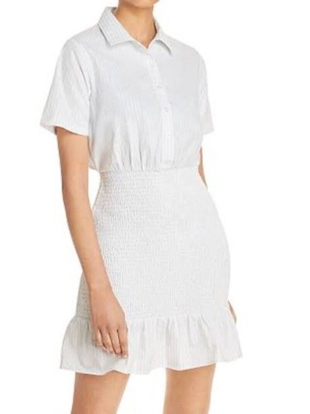 Aqua White Collared Short-Sleeve Shirred Mini Dress